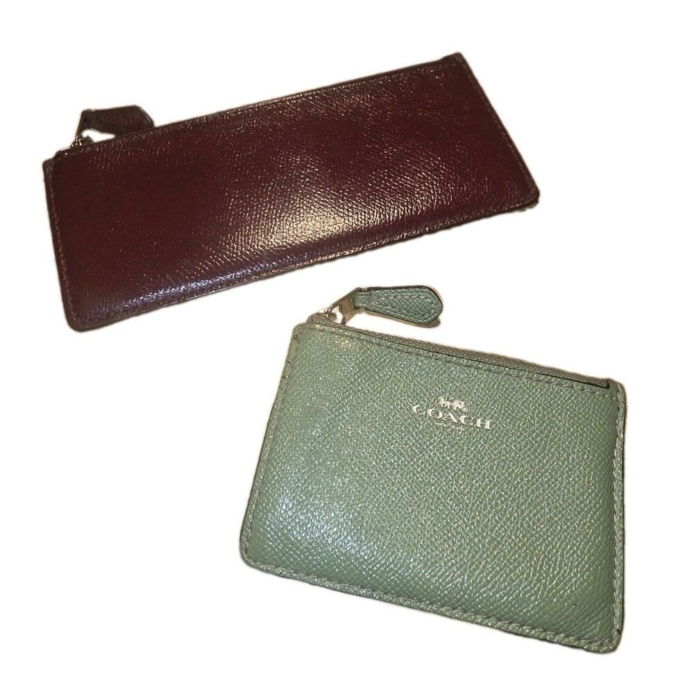 COACH Lot Sage Green Debit Card Carrier & Burgundy Logo Zip Top Coin Case Pouch